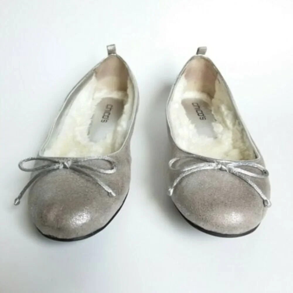 Chico's Glitter Faux Fur Lined Bow Front Flats Silver 9.5